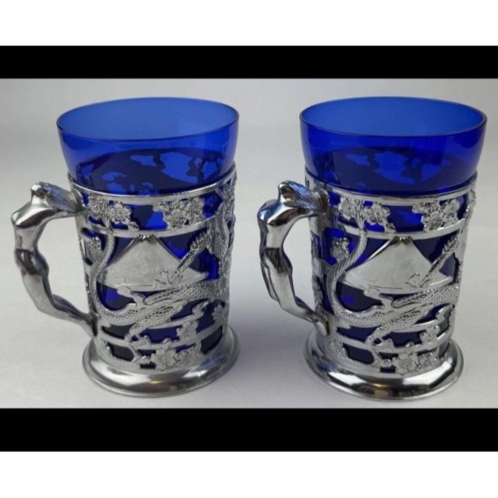Vintage Japanese Silver-Plated Sailor’s Stein – Cobalt Blue Glass Tankard, 22 oz